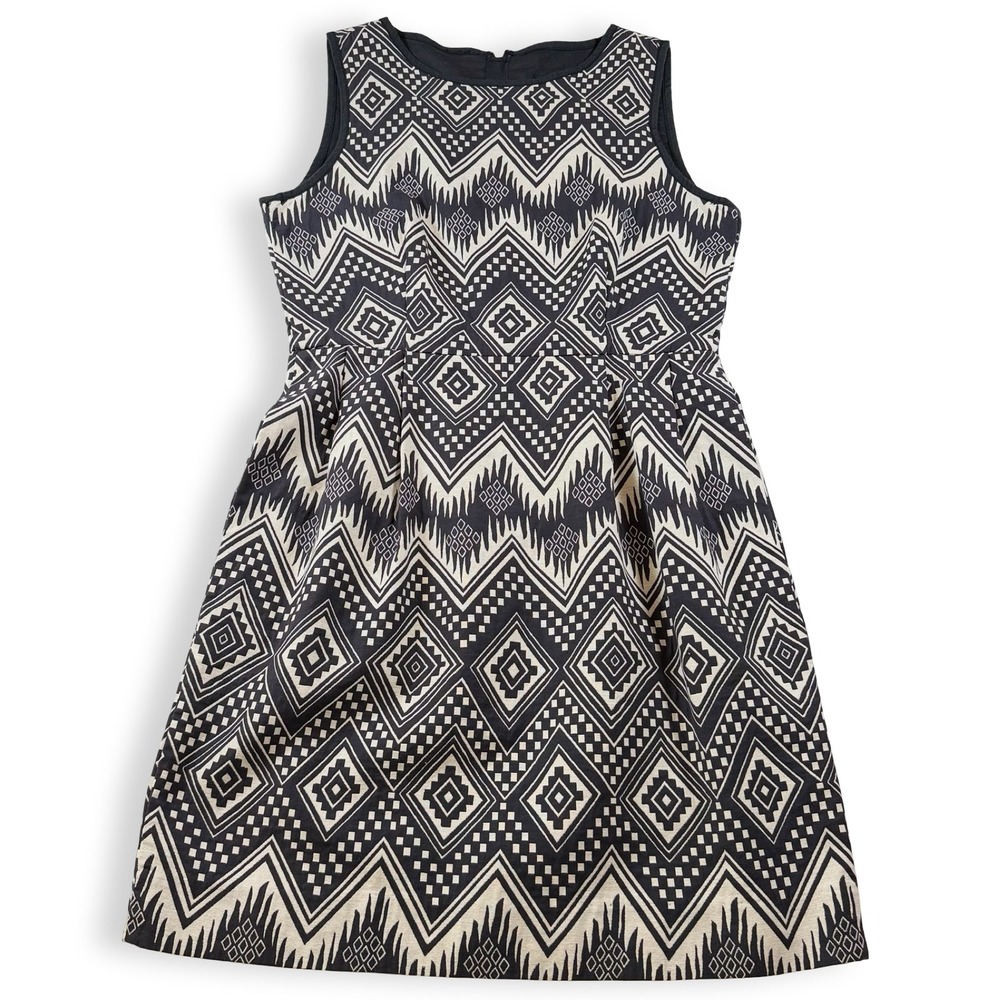 J.Crew Black Cream Ikat Diamond Geometric Fit Flare Dress A1812 Womens 8